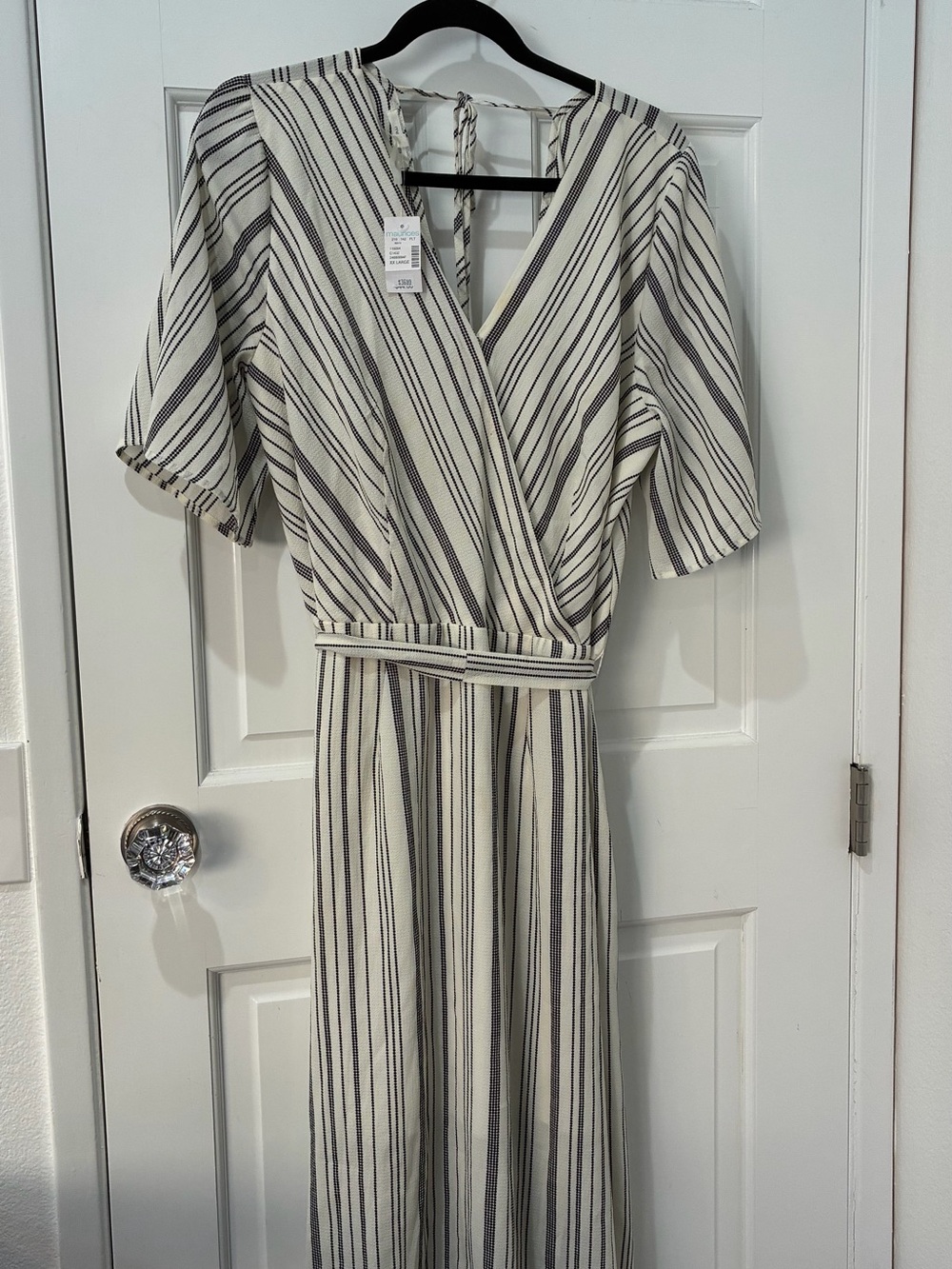 NWT Maurices Ivory and Black Striped Flutter Sleeve Faux Wrap Dress.